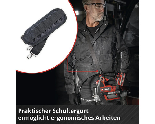 Gepolsterter Schultergurt von Einhell für ein Akkugerät zur ergonomischen Arbeitserleichterung durch Tragen über die Schulter.