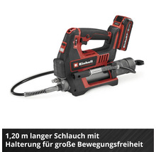Akku Fettpresse von Einhell Professional mit 1,20 Meter langem Schlauch und Halterung fuer mehr Bewegungsfreiheit beim Schmieren.