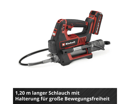 Akku Fettpresse von Einhell Professional mit 1,20 Meter langem Schlauch und Halterung fuer mehr Bewegungsfreiheit beim Schmieren.