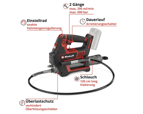 Akku-Fettpresse von Einhell mit Einstellrad, 2 Gängen, Dauerlaufschalter, 120 cm Schlauch und Überlastschutz inklusive Einhell Logo.