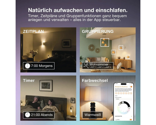 Infografik zeigt smarte Lichtsteuerung Funktionen wie Zeitplan, Gruppierung, Timer und Farbwechsel für ein natürliches Schlaf und Wachgefühl.