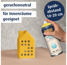 Helton Aqua Colours Sprühlack in Rapsgelb RAL 1021 zum Lackieren eines dekorativen Häuschens, geruchsneutral und für Innenräume geeignet.