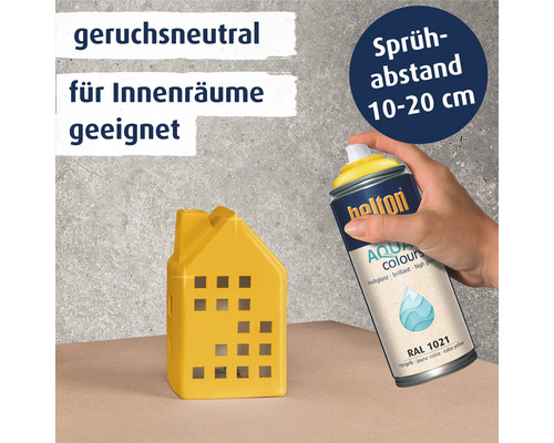Helton Aqua Colours Sprühlack in Rapsgelb RAL 1021 zum Lackieren eines dekorativen Häuschens, geruchsneutral und für Innenräume geeignet.
