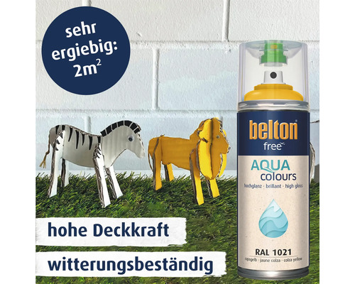 Belton free Aqua Colours Sprühlack in Rapsgelb RAL 1021 mit hoher Deckkraft und Witterungsbeständigkeit für zwei Quadratmeter Ergiebigkeit.