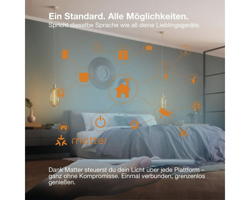 Infografik zum Matter Smart Home Standard mit vernetzten Geräten in einem modernen Schlafzimmer zur Steuerung von Licht und Smart Home Technik.