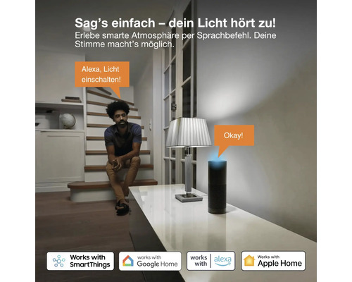 Ein Mann sitzt auf einer Treppe und steuert die Beleuchtung im Wohnzimmer per Sprachbefehl über einen smarten Lautsprecher.