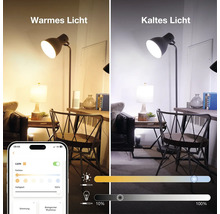 Vergleich von warmem und kaltem Licht einer Stehlampe steuerbar über eine Smartphone App für einstellbare Farbtemperatur und Helligkeit.
