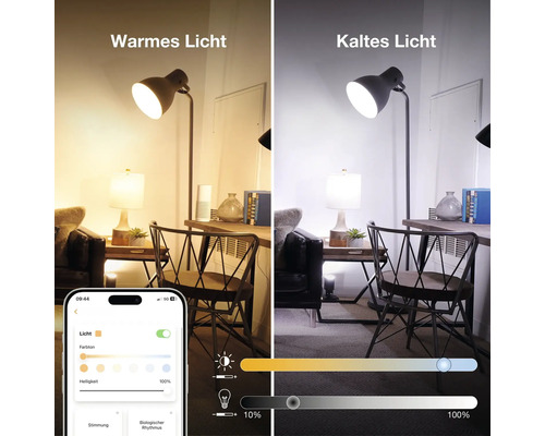 Vergleich von warmem und kaltem Licht einer Stehlampe steuerbar über eine Smartphone App für einstellbare Farbtemperatur und Helligkeit.