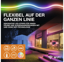 Flexible LED-Streifen für Innen- und Außenanwendungen mit mehrfarbiger Beleuchtung, dimmbar, mit Fernbedienung, USB-Anschluss und WLAN-Option.