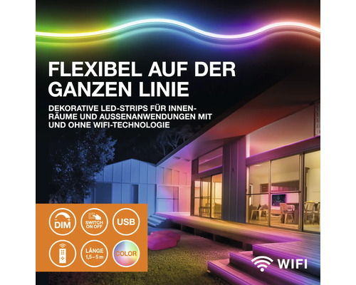 Flexible LED-Streifen für Innen- und Außenanwendungen mit mehrfarbiger Beleuchtung, dimmbar, mit Fernbedienung, USB-Anschluss und WLAN-Option.
