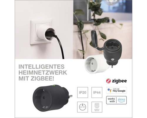 Smarte Zwischenstecker für Zigbee Heimnetzwerke mit IP20 und IP44 Schutzart inklusive Energiemessfunktion kompatibel mit Google und Alexa