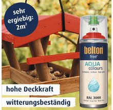Belton Free Aqua Colours Sprühlack in Feuerrot RAL 3000 für witterungsbeständige Lackierungen an einem Vogelhaus mit zwei Quadratmeter Reichweite.
