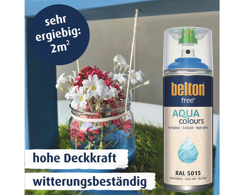 Belton Free Aqua Colours Sprühlack in Himmelblau mit hoher Deckkraft und Wetterbeständigkeit für zwei Quadratmeter Reichweite.