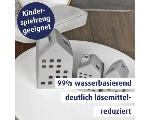 Drei Deko-Häuser aus Keramik, geeignet für Kinderspielzeug, 99 Prozent wasserbasierend und deutlich lösemittelreduziert.