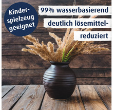 Dunkle Vase mit Trockengräsern, Eignung für Kinderspielzeug, 99 Prozent wasserbasierend und deutlich lösemittelreduziert.