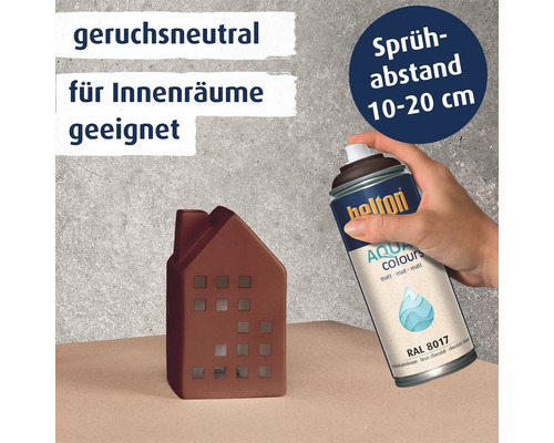 Helton Aqua Colours Sprühlack Schokoladenbraun matt, geruchsneutral für Innenräume, Sprühabstand 10 bis 20 Zentimeter.