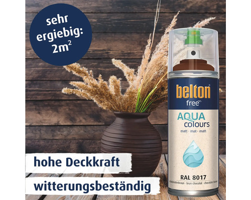 Belton Free Aqua Colours Sprühlack in Schokoladenbraun RAL 8017, matt, witterungsbeständiger Lack mit hoher Deckkraft, ergiebig für 2 Quadratmeter.