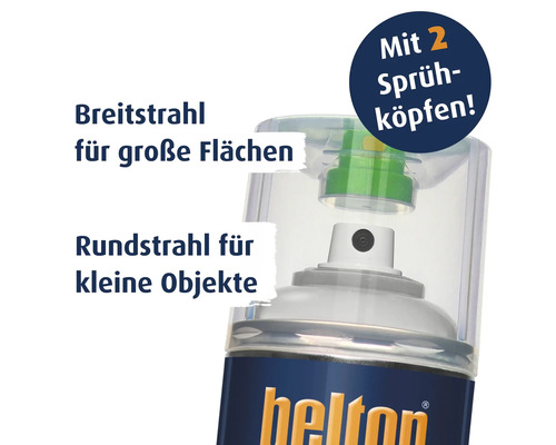Belton Sprühdose mit zwei verschiedenen Sprühköpfen für Breitstrahl bei großen Flächen und Rundstrahl bei kleinen Objekten.