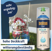 Eine Sprühdose Belton Free Aqua Colours Lack in Himmelblau RAL 5015 mit hoher Deckkraft und Witterungsbeständigkeit für bis zu 2 Quadratmeter.