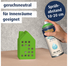 Eine Hand sprüht eine grüne Spraydose der Marke Belton auf ein kleines Hausobjekt mit Informationen zu Sprühabstand und Geruchsneutralität.