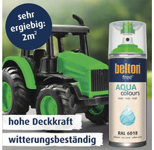 belton free Aqua Colours Sprühlack in Gelbgrün RAL 6018, matte Lackierung für 2 Quadratmeter Reichweite, witterungsbeständig mit hoher Deckkraft.