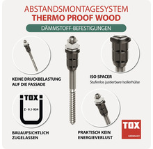 Abstandsmontagesystem Thermo Proof Wood von TOX für Dämmstoffbefestigungen mit stufenlos justierbarer Isolierhülse für druckfreie Fassadenmontage.
