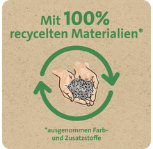 Symbol für Produkte hergestellt aus hundert Prozent recycelten Materialien, ausgenommen Farben und Zusatzstoffe.