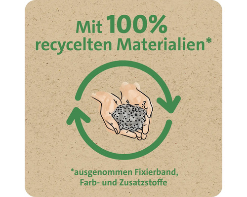 Symbol für Produkt aus 100 Prozent recycelten Materialien mit Ausnahme von Fixierband, Farb- und Zusatzstoffen