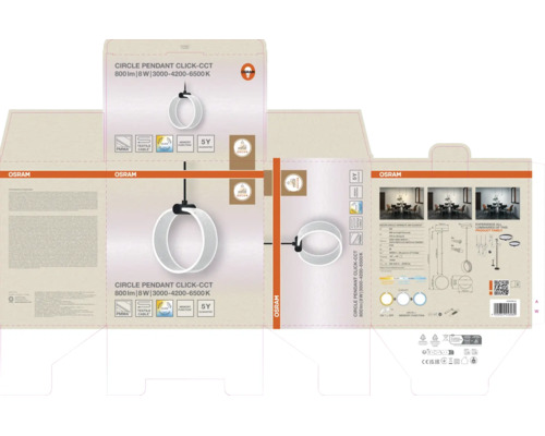 Osram LED Pendelleuchte Circle Pendant Click-CCT Verpackungskarton mit Produktabbildung und technischen Daten