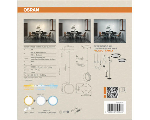 Technische Daten und Montageanleitung für Osram Decor Circle LED Pendelleuchte mit Click CCT Funktion zur Auswahl der Farbtemperatur.