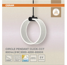 OSRAM LED Pendelleuchte Circle Click CCT mit 800 Lumen, 8 Watt, einstellbarer Farbtemperatur, Textilkabel, PMMA Kunststoff und 5 Jahre Garantie.
