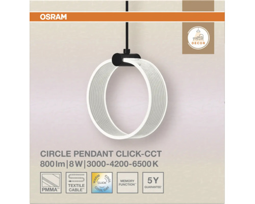 OSRAM LED Pendelleuchte Circle Click CCT mit 800 Lumen, 8 Watt, einstellbarer Farbtemperatur, Textilkabel, PMMA Kunststoff und 5 Jahre Garantie.