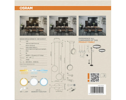 Technische Produktverpackung der Osram Decor Circle Pendelleuchte mit Maßzeichnung, Lichtspezifikationen und Anwendungsbeispielen.