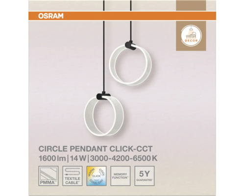 Osram LED Pendelleuchte Circle mit zwei Ringen, 14 Watt, 1600 Lumen, einstellbare Farbtemperatur 3000 bis 6500 Kelvin, inklusive Textilkabel.
