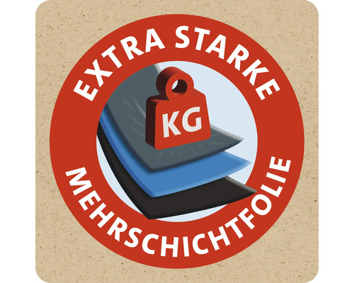 Symbol für extra starke Mehrschichtfolie mit Gewichtsbelastungssymbol für hohe Belastbarkeit.