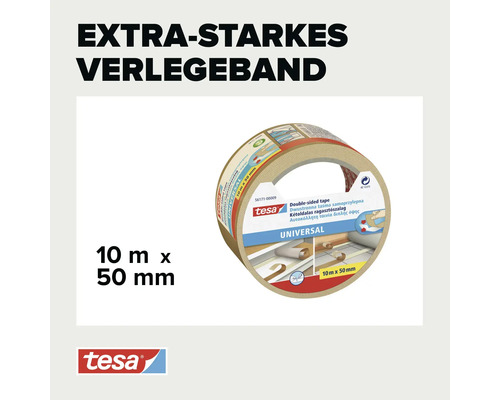 Extra starkes tesa Universal Verlegeband, doppelseitiges Klebeband, 10 Meter mal 50 Millimeter