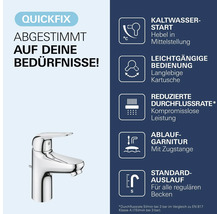 Infografik zur Quickfix Waschtischarmatur mit Funktionen wie Kaltwasserstart, leichtgängiger Bedienung, reduziertem Durchfluss und Ablaufgarnitur.