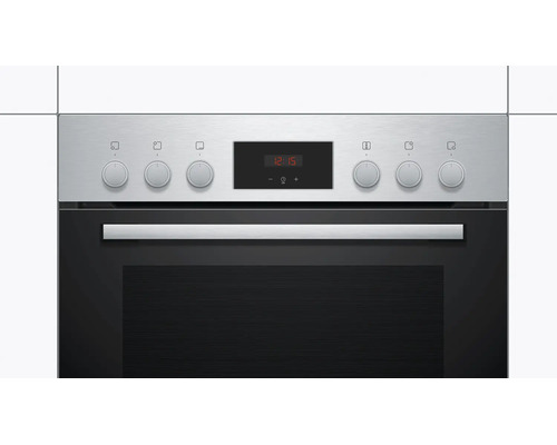 Einbau Backofen mit Edelstahlblende, digitalen Display, Drehknöpfen und schwarzer Backofentür.
