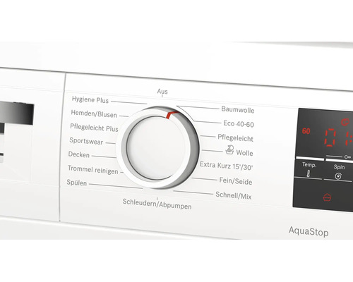 Detailansicht des Programmwählers einer Waschmaschine mit verschiedenen Waschprogrammen und AquaStop Funktion.