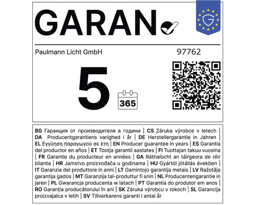 Fünf Jahre Herstellergarantie für das Paulmann Licht GmbH Produkt mit der Artikelnummer 97762.