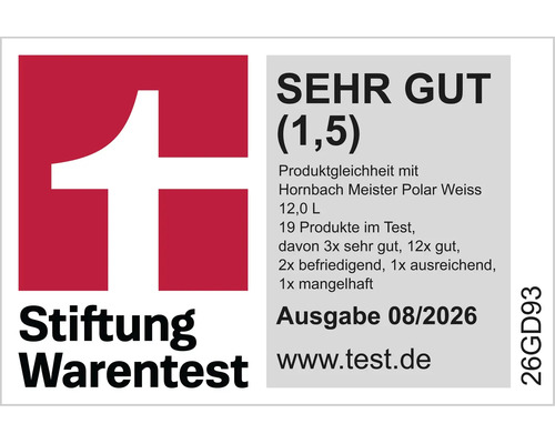 Stiftung Warentest Prüfsiegel Sehr Gut für Hornbach Meister Polar Weiss Wandfarbe