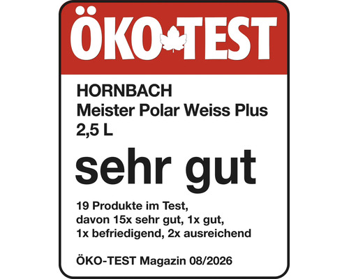 Oeko Test Siegel sehr gut fuer Hornbach Meister Polar Weiss Plus Wandfarbe zweieinhalb Liter