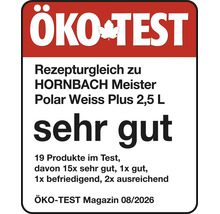 Oeko Test Siegel mit der Bewertung sehr gut fuer Hornbach Meister Polar Weiss Plus Farbe.