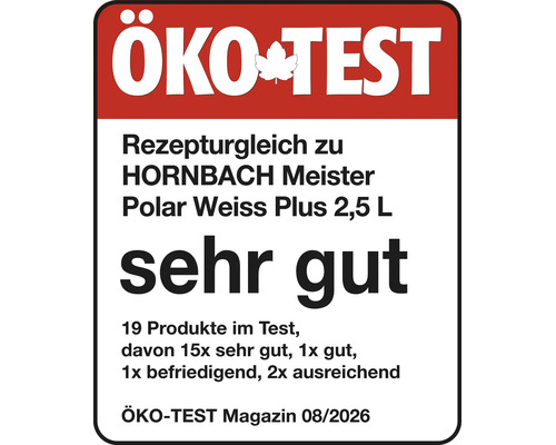 Oeko Test Siegel mit der Bewertung sehr gut fuer Hornbach Meister Polar Weiss Plus Farbe.