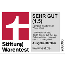Stiftung Warentest Siegel mit Note sehr gut 1,5 für Hornbach Meister Polar Weiss 12 Liter Wandfarbe, Ausgabe 08/2026.