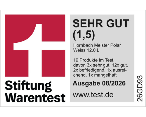 Stiftung Warentest Siegel mit Note sehr gut 1,5 für Hornbach Meister Polar Weiss 12 Liter Wandfarbe, Ausgabe 08/2026.