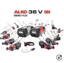 AL KO Energy Flex 36 Volt Akku Gartengeräte Sortiment mit verschiedenen Rasenmähern, Kettensägen, Heckenscheren, Trimmern und Akkus. (Image AI modified or generated)