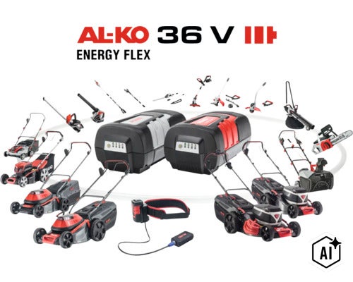 AL KO Energy Flex 36 Volt Akku Gartengeräte Sortiment mit verschiedenen Rasenmähern, Kettensägen, Heckenscheren, Trimmern und Akkus. (Image AI modified or generated)
