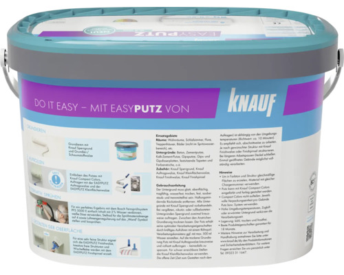 Knauf Easyputz Strukturputz im Eimer für Wände und Decken inklusive Gebrauchsanweisung und Anwendungshinweisen auf der Verpackung.