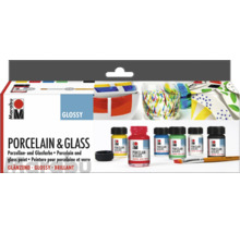 Marabu Porzellan und Glasfarbe Set mit sechs Farbtöpfen und einem Pinsel für glänzende Ergebnisse auf Porzellan oder Glas.